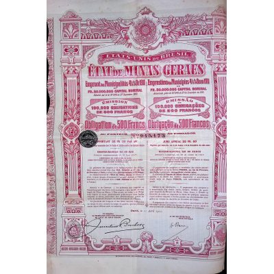 Etats-Unis du Brésil -  Etat de Minas Geraes - Emprunt de Conversion 4 1/2 % Or 1911