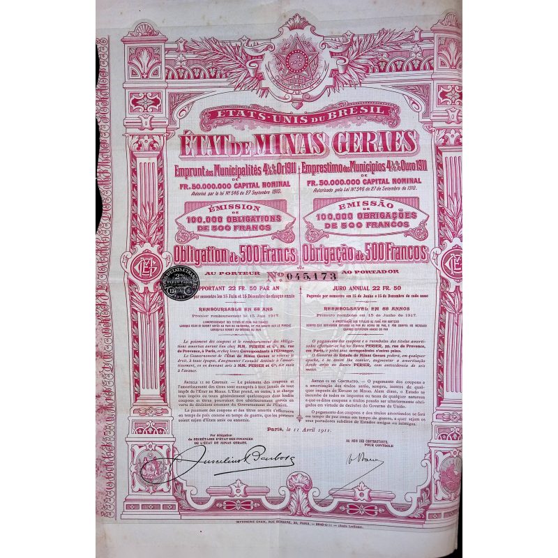 Etats-Unis du Brésil -  Etat de Minas Geraes - Emprunt de Conversion 4 1/2 % Or 1911