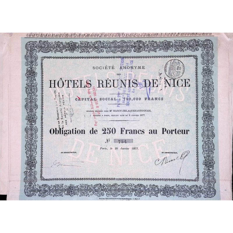 S.A des Hôtels Réunis de Nicen (Obl 250F)