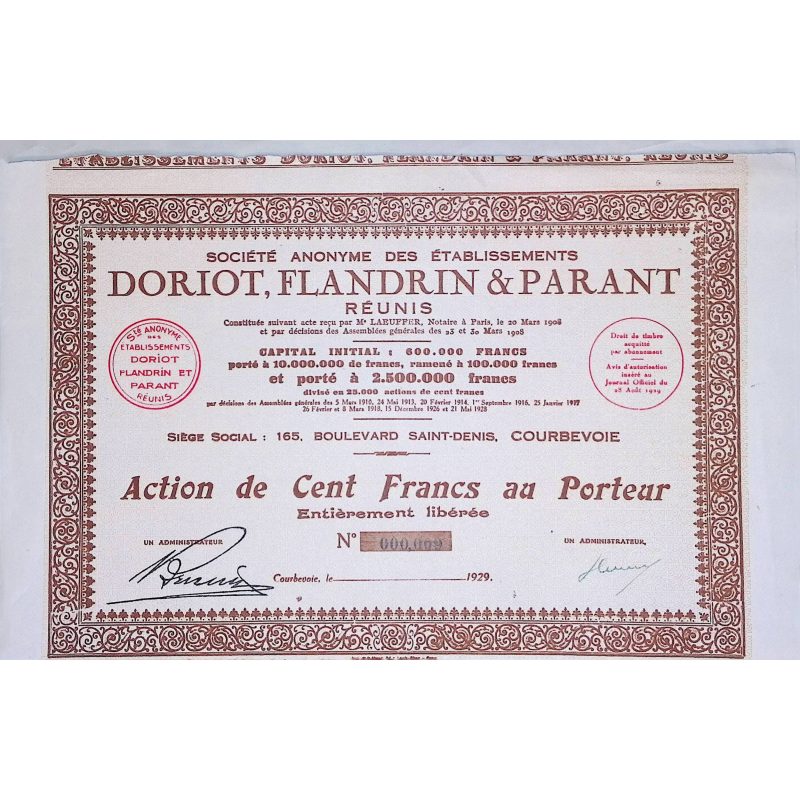S.A des Ets Doriot, Flandrin & Parant Réunis