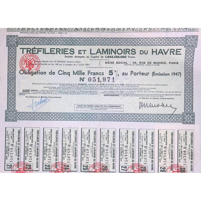 Tréfileries et Laminoirs du Havre (Obl 5000F 5%) 1947
