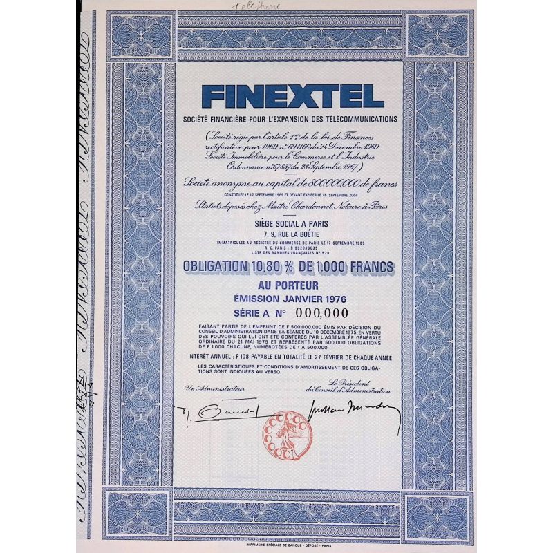 Finextel : Sté Financière pour l'expansion des télécommunications (Obl 10,8% de 1000F) 1976