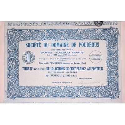 Sté du Domaine de Poudéous (Titre de 10 Act de 100F)