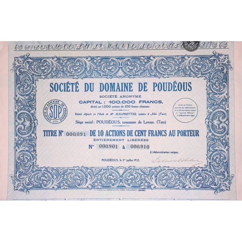 Sté du Domaine de Poudéous (Titre de 10 Act de 100F)