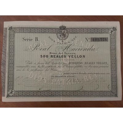 Bono del Tesoro - 500 Reales de Vellón. Emisión Carlista emitida en Bayona - 1873