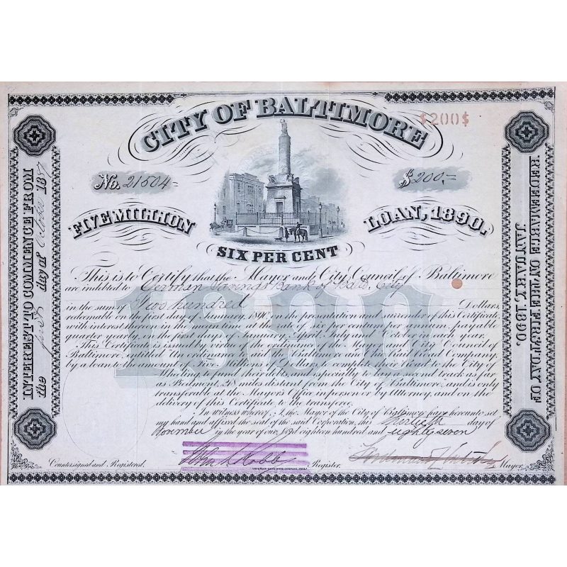 City of Baltimore 6% Loan 1890