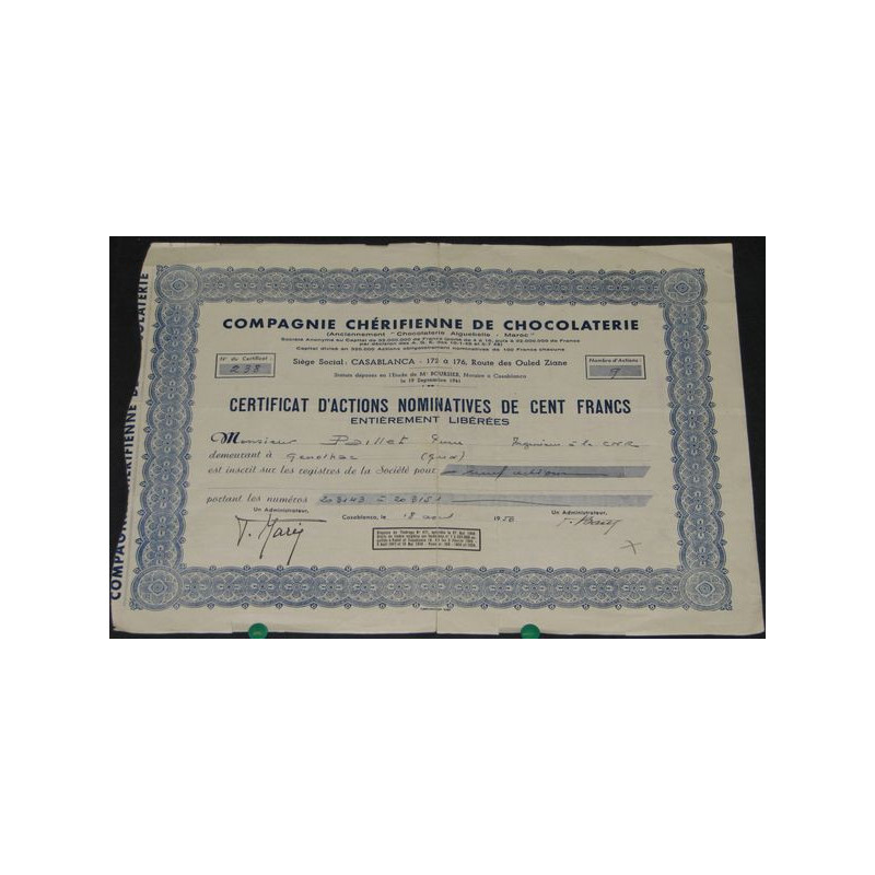 Cie Chérifienne de Chocolaterie (Certif 100 F)