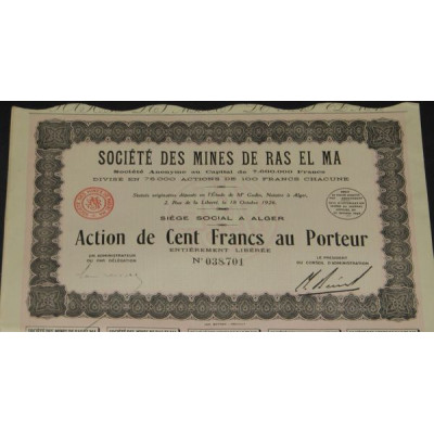 Sté des Mines de Ras El Ma (Act 100 F) (Capital 7600000 francs)