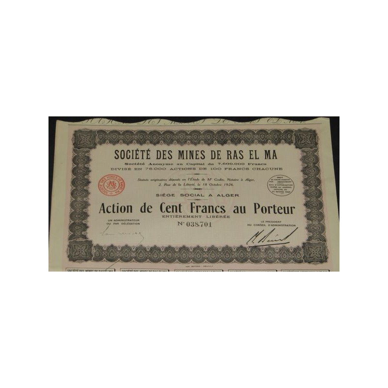Sté des Mines de Ras El Ma (Act 100 F) (Capital 7600000 francs)
