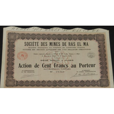 Sté des Mines de Ras El Ma (Act 100 F) (Capital 3500000 francs)