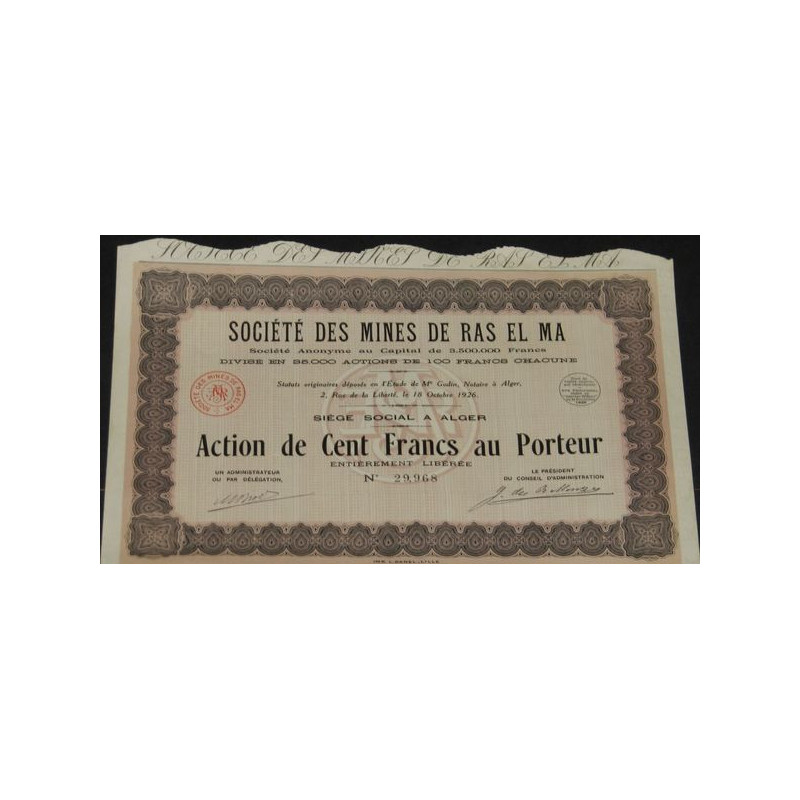 Sté des Mines de Ras El Ma (Act 100 F) (Capital 3500000 francs)
