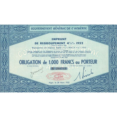 Gvt Général de l'Algérie - Emprunt de regroupement 4 1/2 % 1952