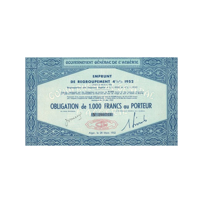 Gvt Général de l'Algérie - Emprunt de regroupement 4 1/2 % 1952
