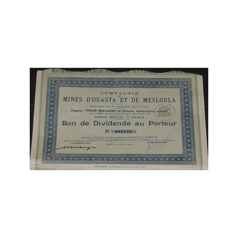 Cie des Mines d'Ouasta et de Mesloula (Bon de Dividende)