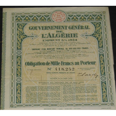 Gvt Général de l'Algérie - Emprunt 5 % 1934
