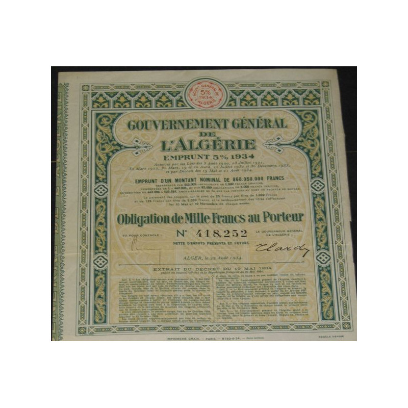 Gvt Général de l'Algérie - Emprunt 5 % 1934