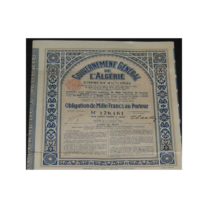 Gvt Général de l'Algérie - Emprunt 4.5 % 1933