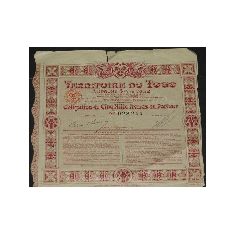 Territoire du Togo - Emprunt 4 1/2 % 1932