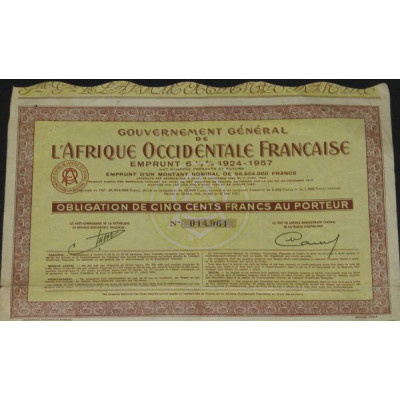 Gvt Général de l'Afrique Occidentale Française - Emprunt 6 1/2 % 1924-1957