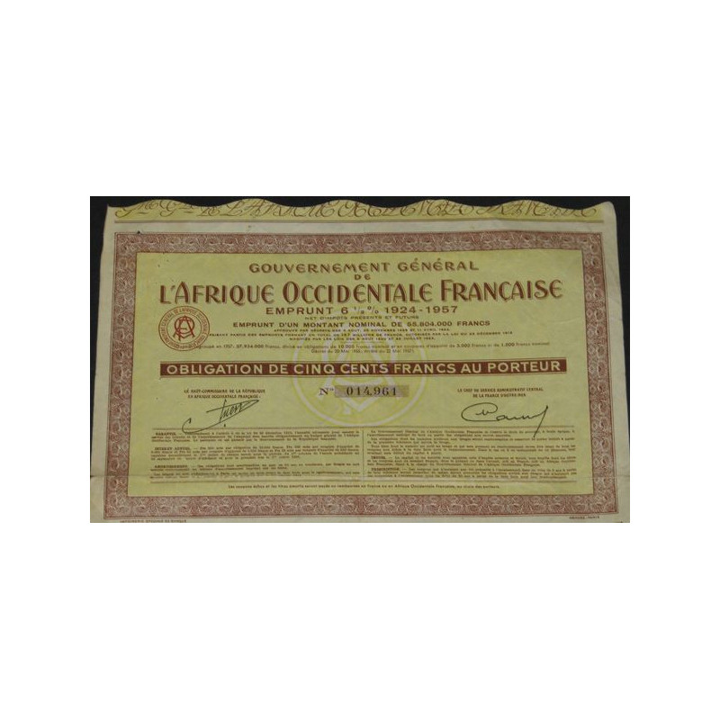 Gvt Général de l'Afrique Occidentale Française - Emprunt 6 1/2 % 1924-1957