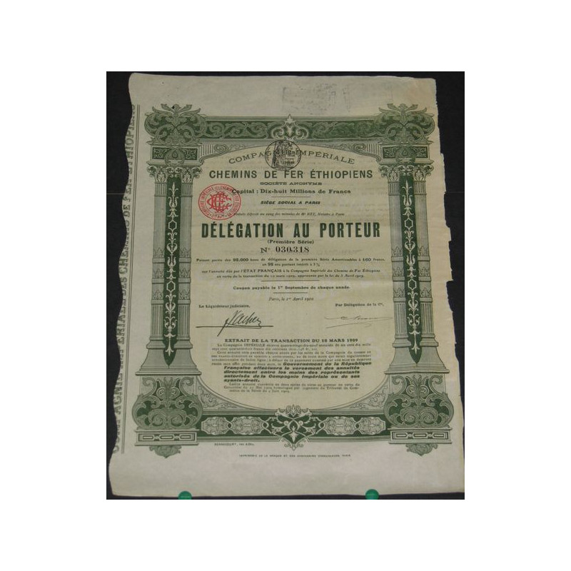 Cie Impériale des Chemins de Fer Ethiopiens - Délégation au porteur (1ère série)
