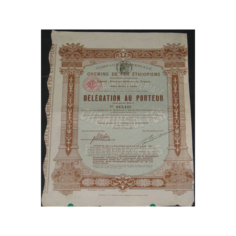 Cie Impériale des Chemins de Fer Ethiopiens - Délégation au porteur (2ème série)