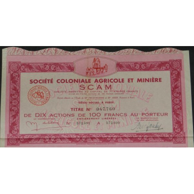 Sté Coloniale Agricole et Minière SCAM (10 Act)