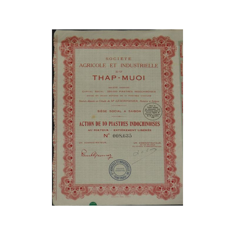 Sté Agricole et Industrielle du Thap-Muoi (Act 10 Piastres)