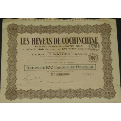 Les Hévéas de Cochinchine - Plantations de Caoutchouc (Act 100 F - capital 2.5 M)