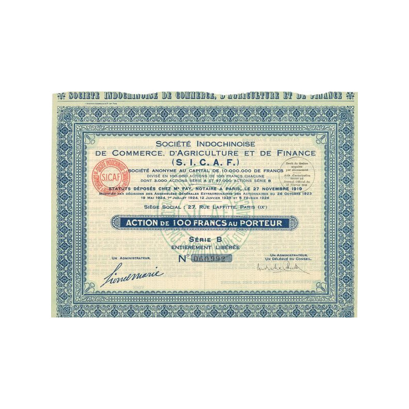 Sté Indochinoise de Commerce. d'Agriculture et de Finance (S.I.C.A.F.) (Act 100 F)