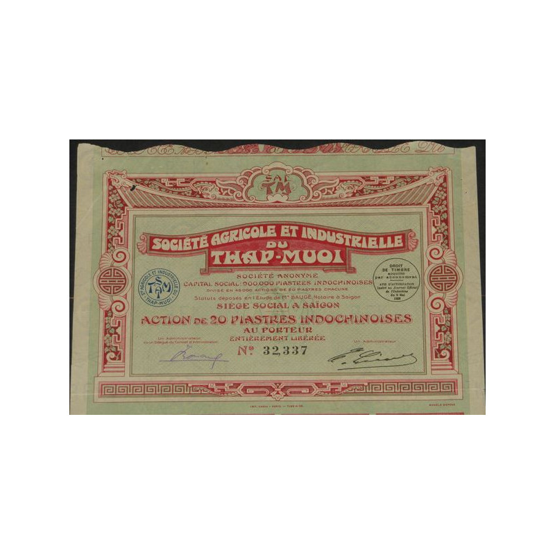 Sté Agricole et Industrielle du Thap-Muoi (Act 20 Piastres)