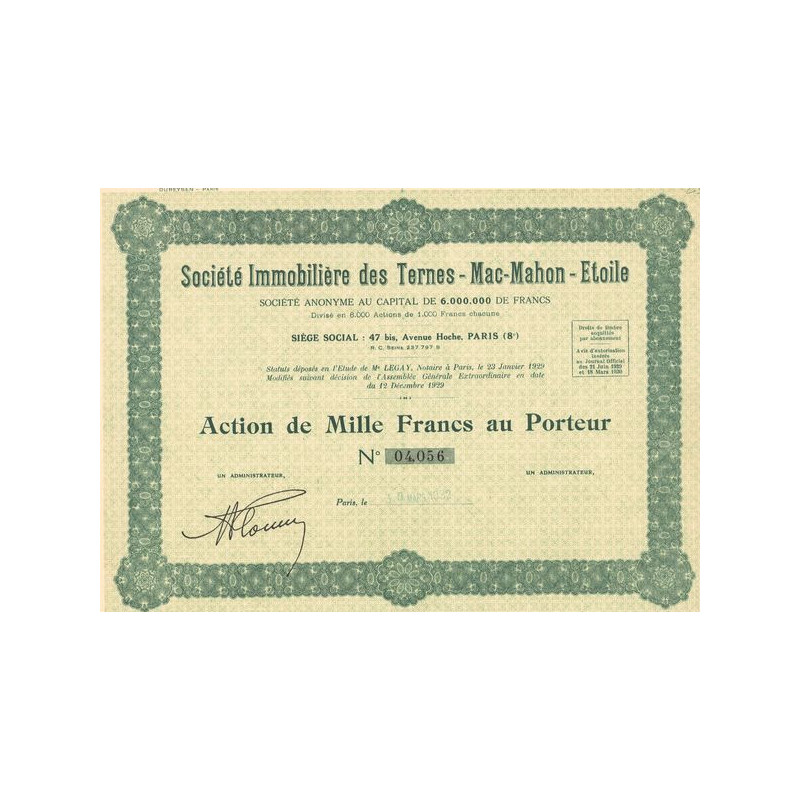 Sté Immobilière des Ternes - Mac-Mahon - Etoile (Act 1000 F)
