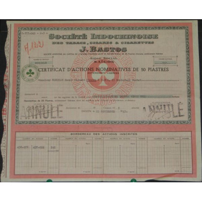 Sté Indochinoise des Tabacs Cigares & Cigarettes J. Bastos (Certif Act Nomin 50 Piastres)