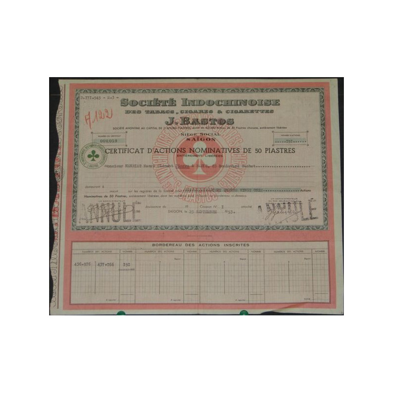 Sté Indochinoise des Tabacs Cigares & Cigarettes J. Bastos (Certif Act Nomin 50 Piastres)