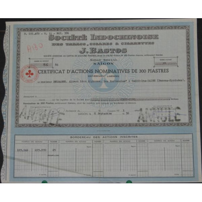Sté Indochinoise des Tabacs Cigares & Cigarettes J. Bastos (Certif Act Nomin 300 Piastres)