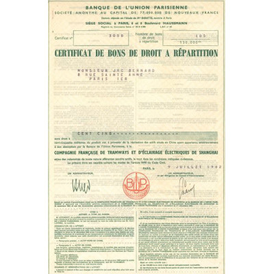 Cie Française de Tramways et d'Eclairage Electriques de Shanghai (Certif)
