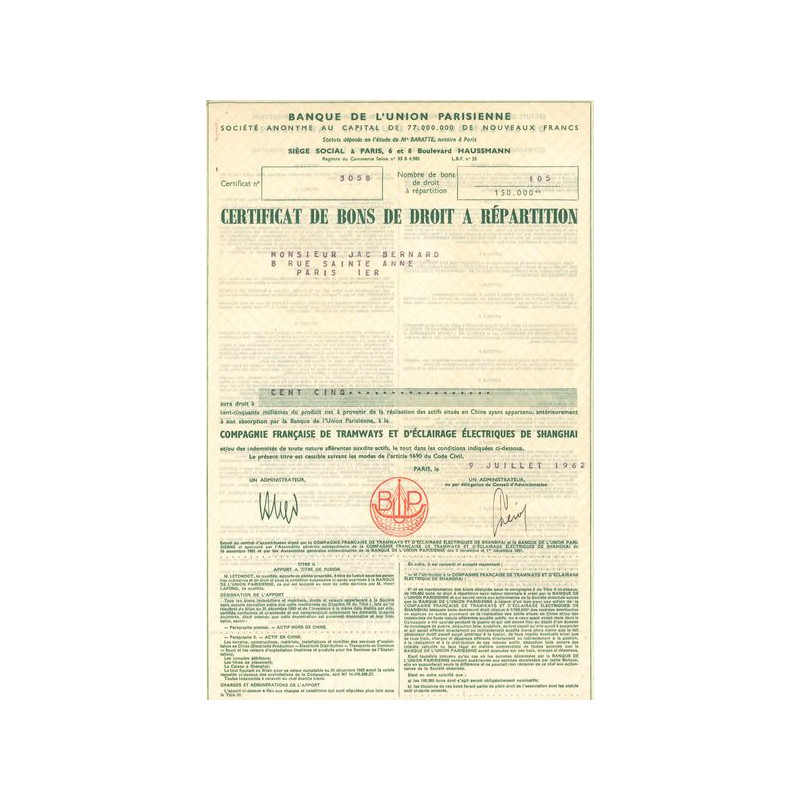 Cie Française de Tramways et d'Eclairage Electriques de Shanghai (Certif)
