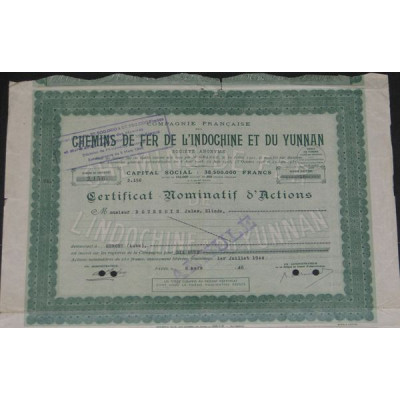 Cie Française des Chemins de Fer de l'Indochine et du Yunnan (Certif Nomin vert)