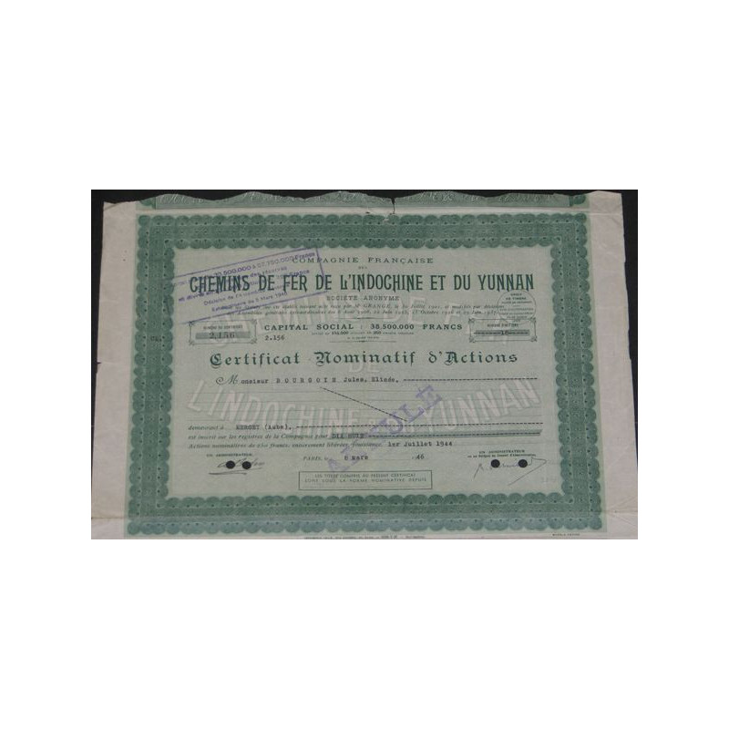 Cie Française des Chemins de Fer de l'Indochine et du Yunnan (Certif Nomin vert)