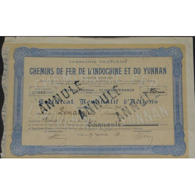 Cie Française des Chemins de Fer de l'Indochine et du Yunnan (Certif Nomin jaune)