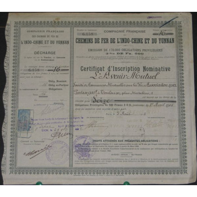 Cie Française des Chemins de Fer de l'Indochine et du Yunnan (Certif d'Inscription Nomin)