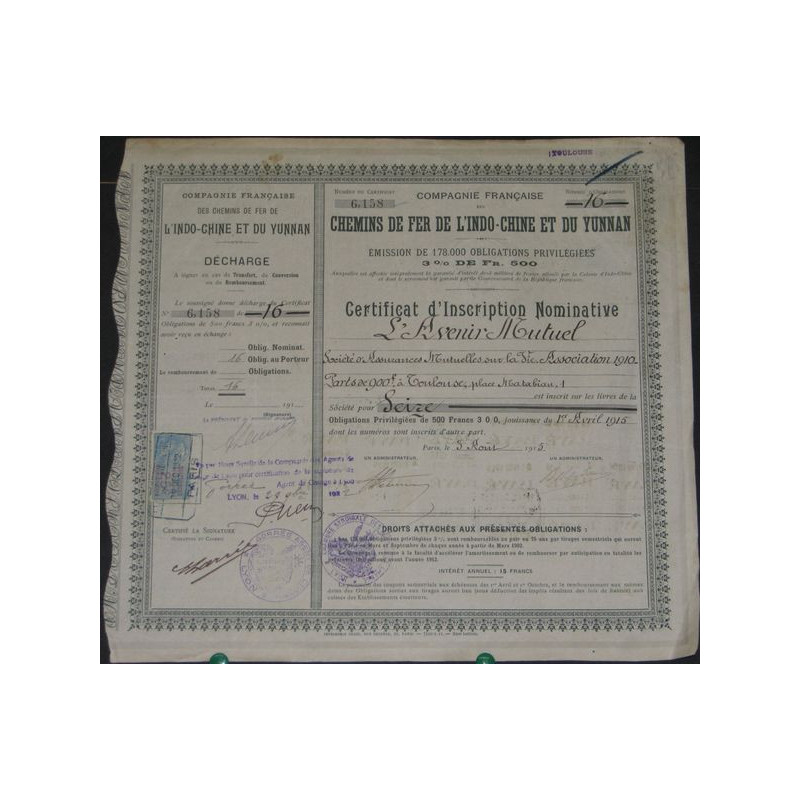 Cie Française des Chemins de Fer de l'Indochine et du Yunnan (Certif d'Inscription Nomin)