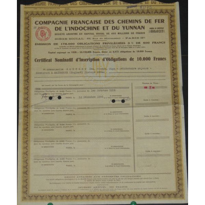 Cie Française des Chemins de Fer de l'Indochine et du Yunnan (Certif Nomin Obl 10000 F)