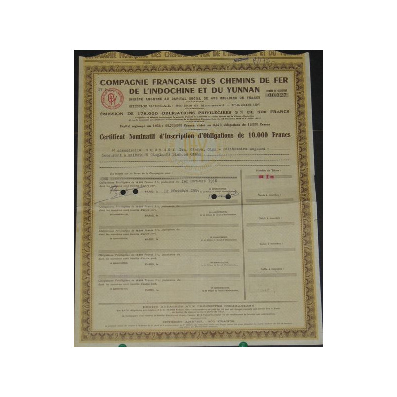 Cie Française des Chemins de Fer de l'Indochine et du Yunnan (Certif Nomin Obl 10000 F)