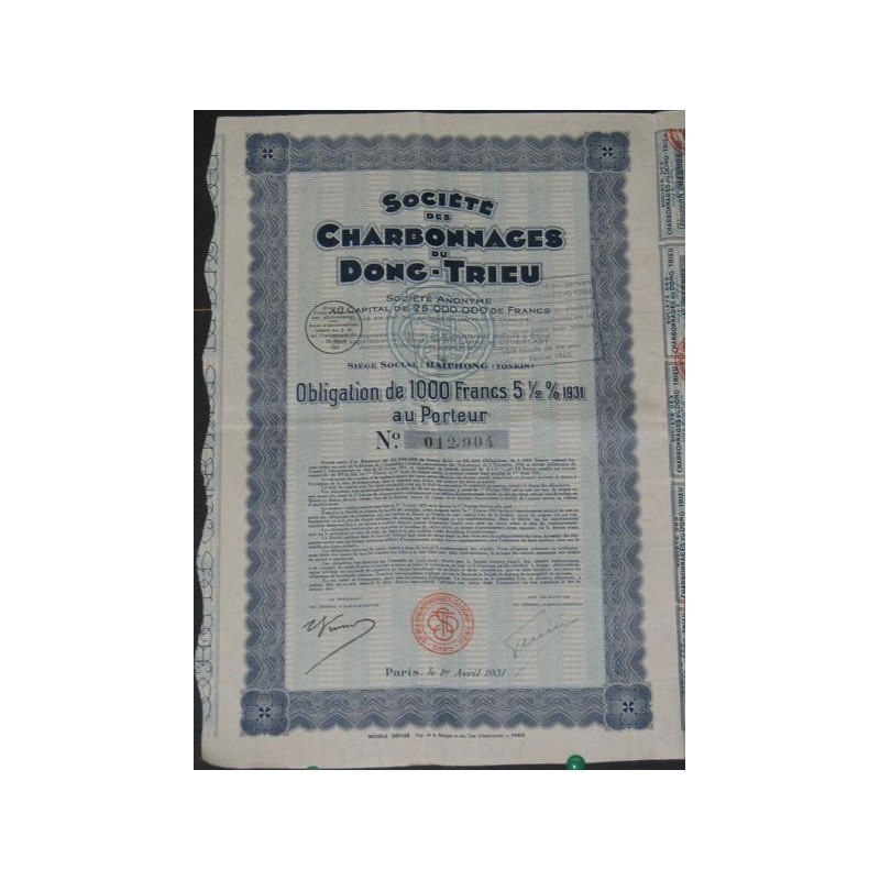 Sté des Charbonnages du Dong-Trieu (Obl 1000 F 5 1/2 % 1931)