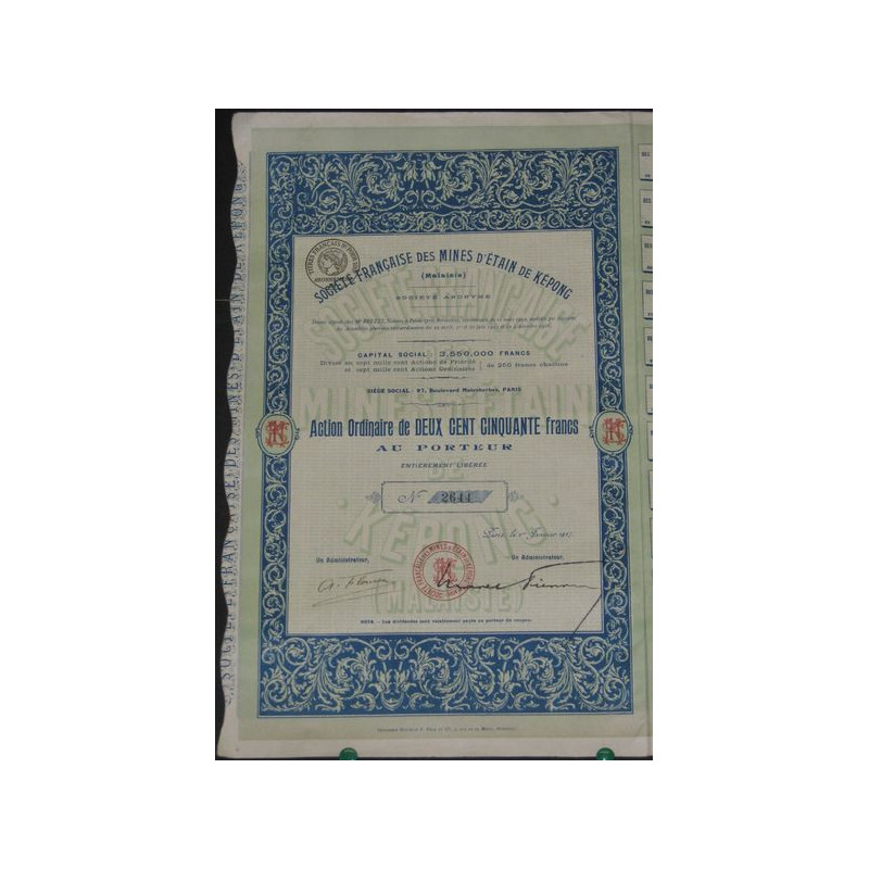 Sté Française des Mines d'Etain de Képong (Malaisie)