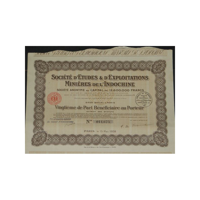 Sté d'Etudes & d'Exploitations Minières de l'Indochine (20ème de PB)
