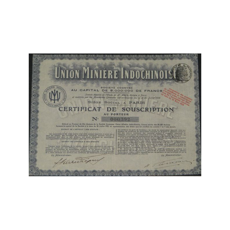 Union Minière Indochinoise (certif souscription)