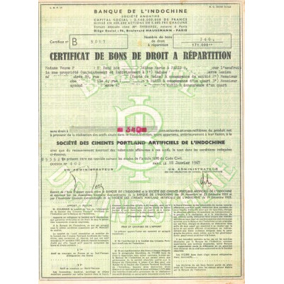 Sté des Ciments Portland Artificiels de l'Indochine (Certif)