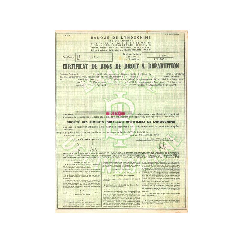 Sté des Ciments Portland Artificiels de l'Indochine (Certif)